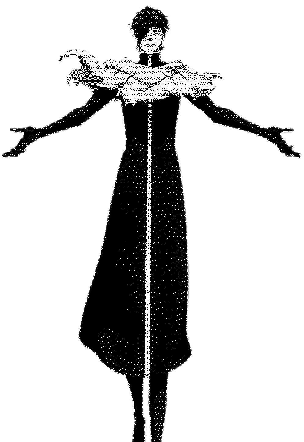 Halftone illustration of a figure in a long robe with arms outstretched