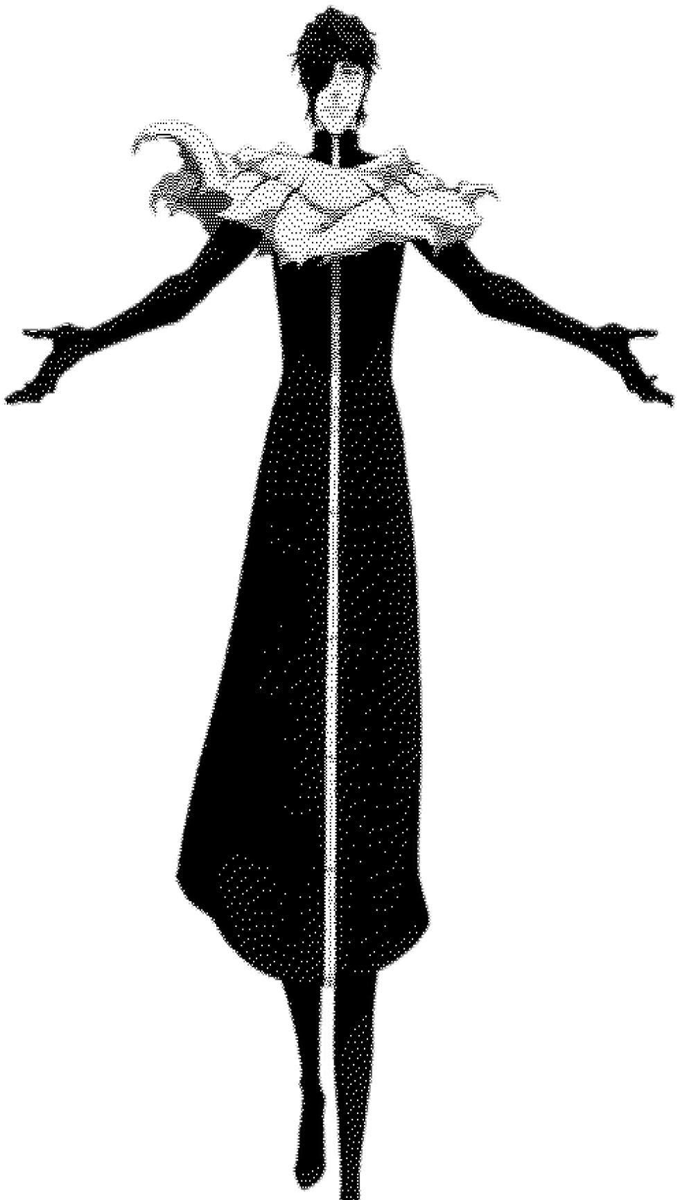 Halftone illustration of a figure in a long robe with arms outstretched